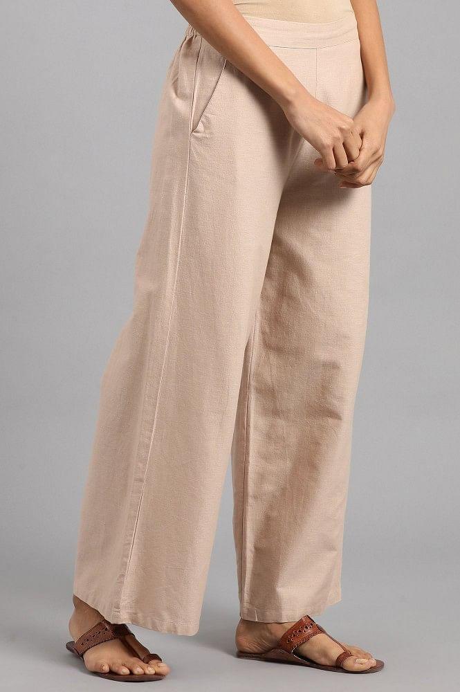 Beige Solid Parallel Pants - wforwoman