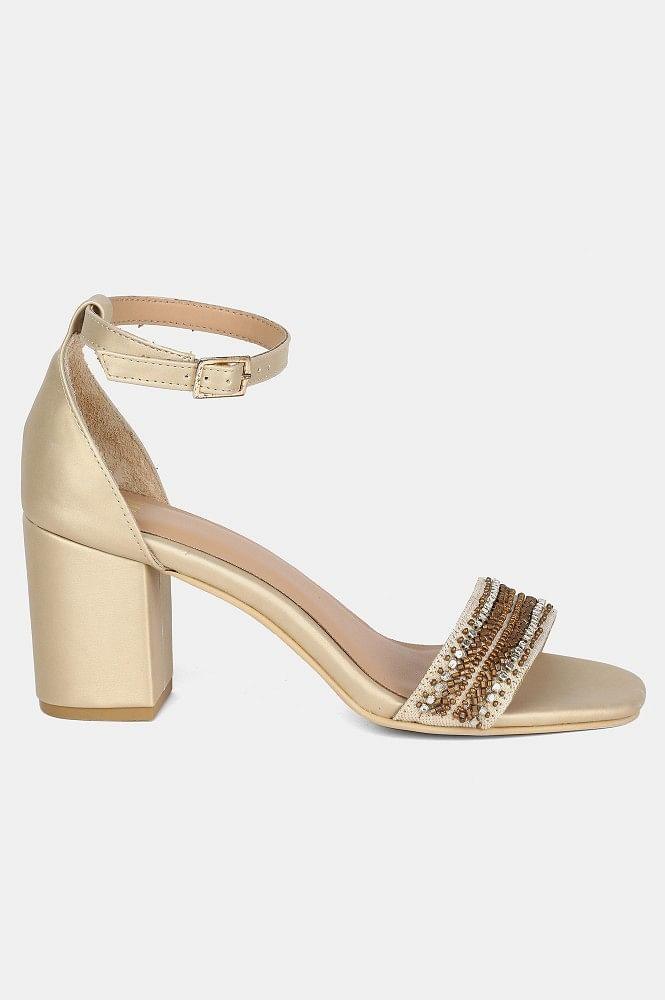 Gold Square Toe Embellished Block Heel - wforwoman