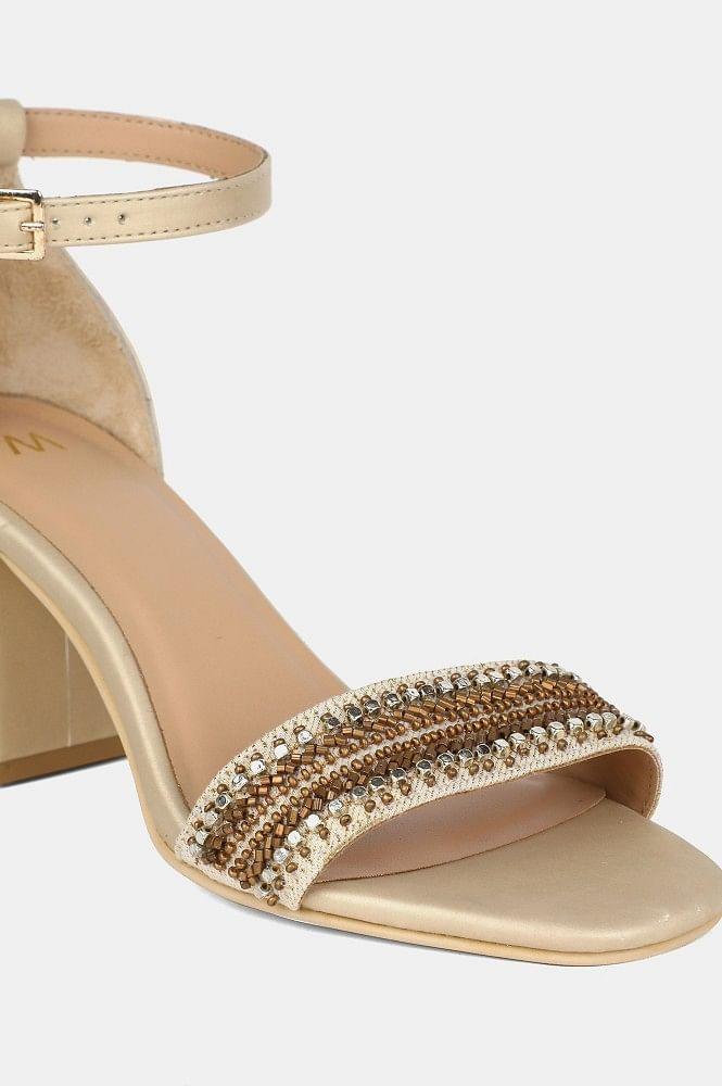 Gold Square Toe Embellished Block Heel - wforwoman