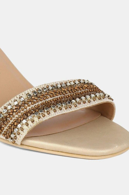 Gold Square Toe Embellished Block Heel - wforwoman