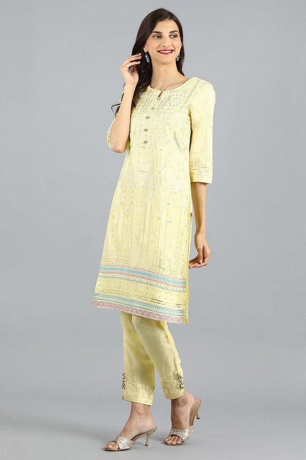 Yellow Round Neck Printed kurta Set