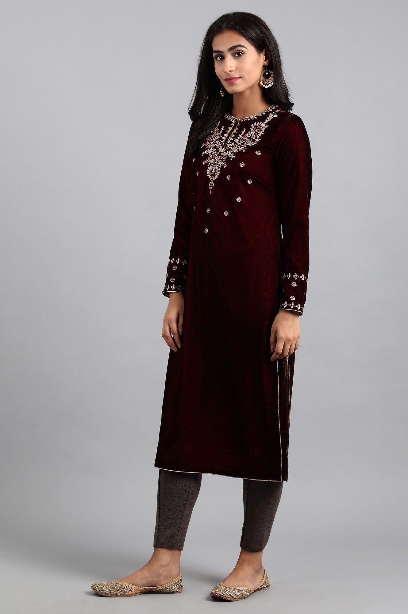 Wine Round Neck Velvet Winter kurta