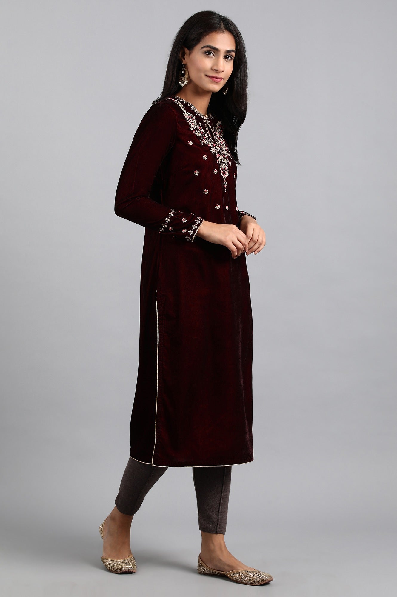 Wine Round Neck Velvet Winter kurta