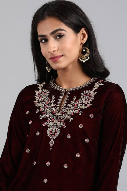Wine Round Neck Velvet Winter kurta