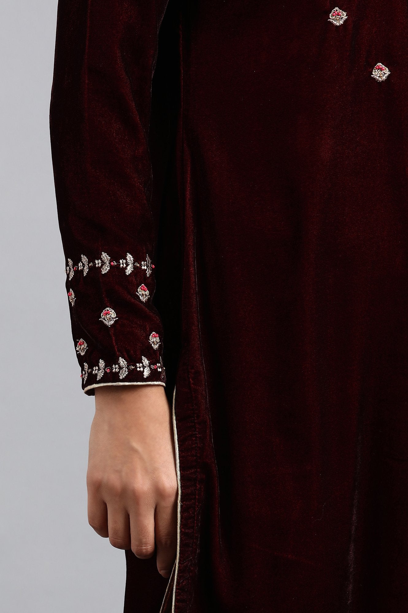 Wine Round Neck Velvet Winter kurta