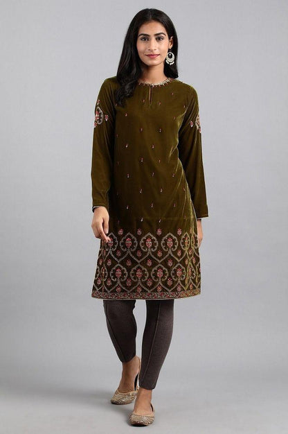 Green Round Neck Velvet Winter kurta - wforwoman