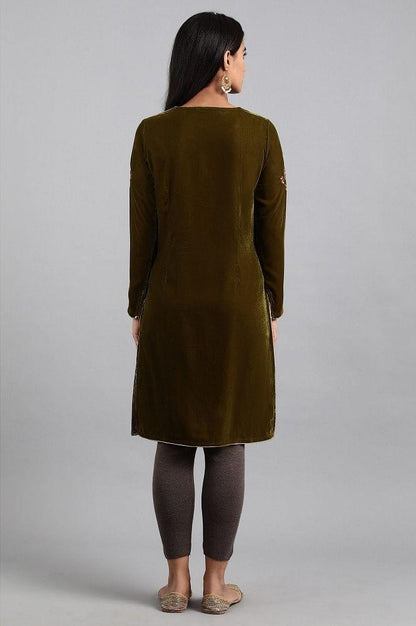 Green Round Neck Velvet Winter kurta - wforwoman