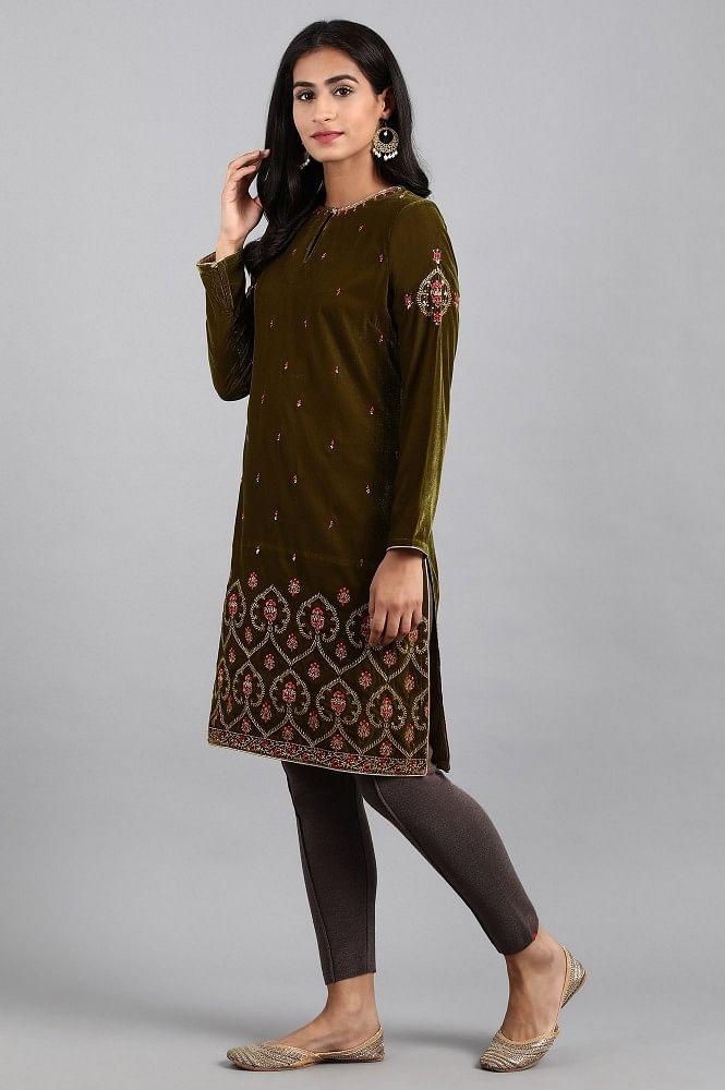 Green Round Neck Velvet Winter kurta - wforwoman