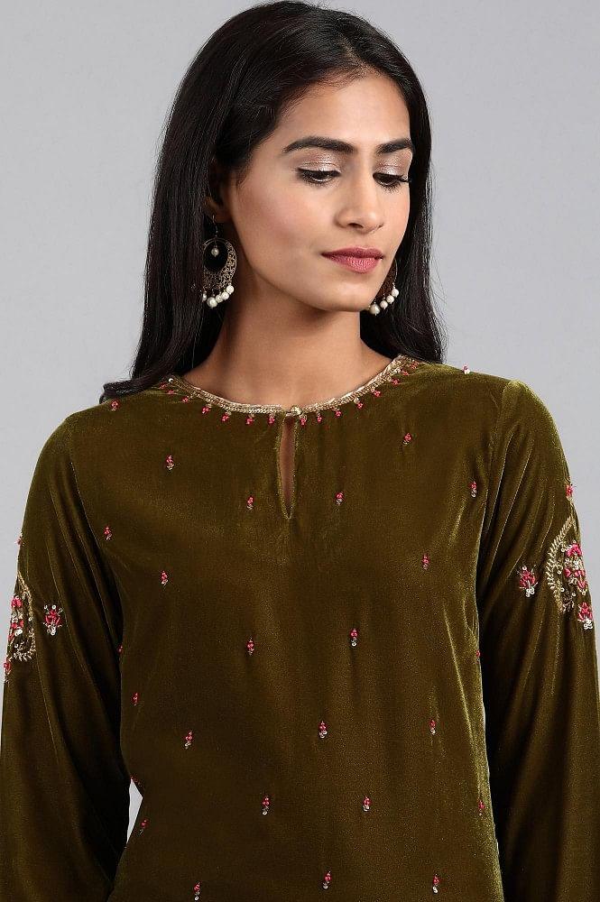 Green Round Neck Velvet Winter kurta - wforwoman