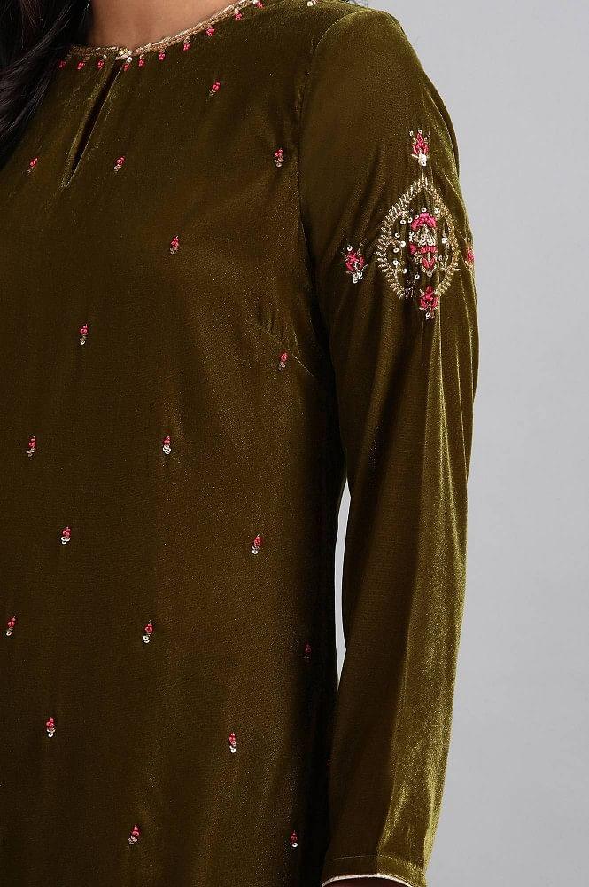 Green Round Neck Velvet Winter kurta - wforwoman