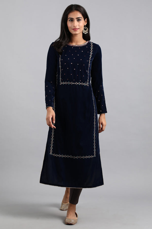 Blue Round Neck Velvet Winter kurta