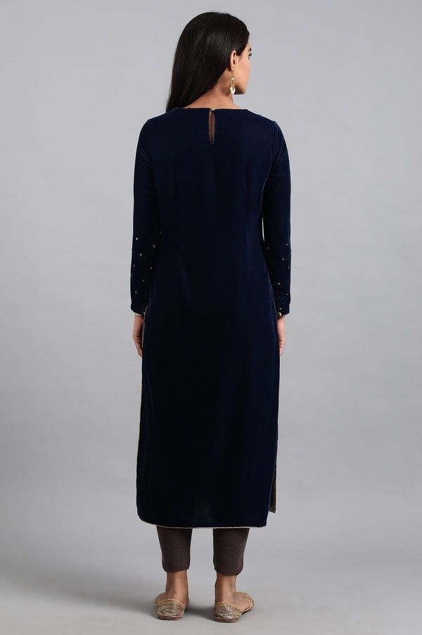 Blue Round Neck Velvet Winter kurta
