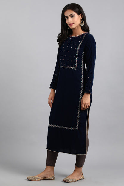 Blue Round Neck Velvet Winter kurta