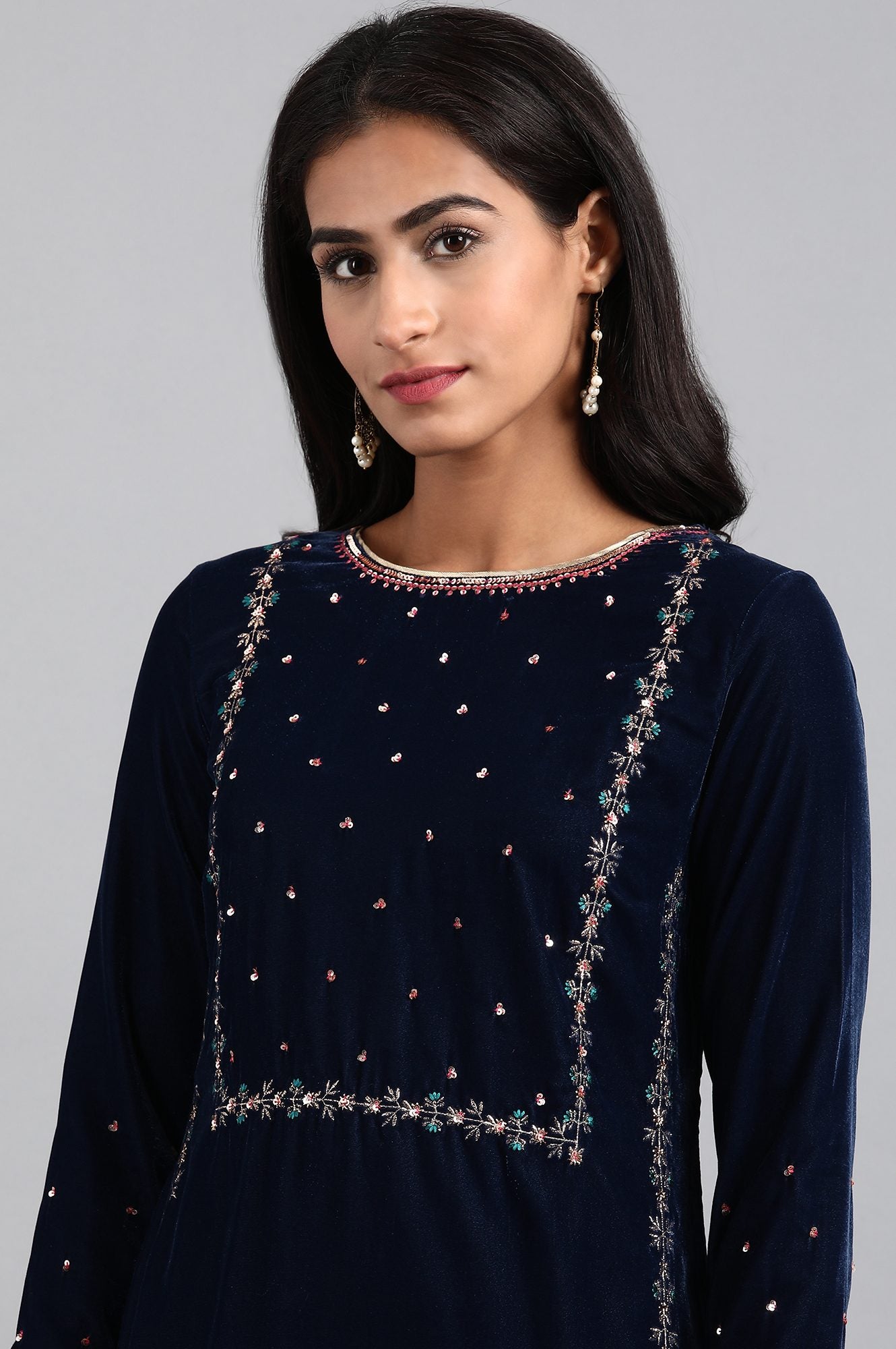 Blue Round Neck Velvet Winter kurta
