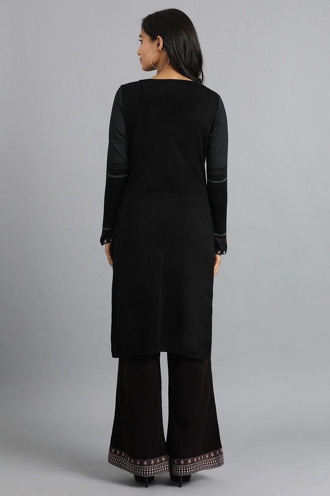 Black Round Neck Winter kurta - wforwoman