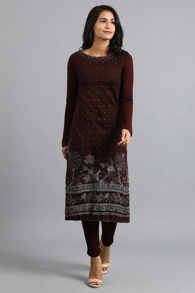 Maroon Round Neck Winter kurta - wforwoman