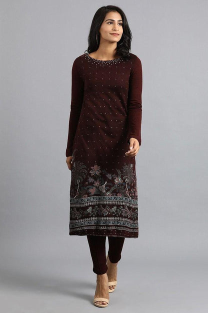 Maroon Round Neck Winter kurta - wforwoman