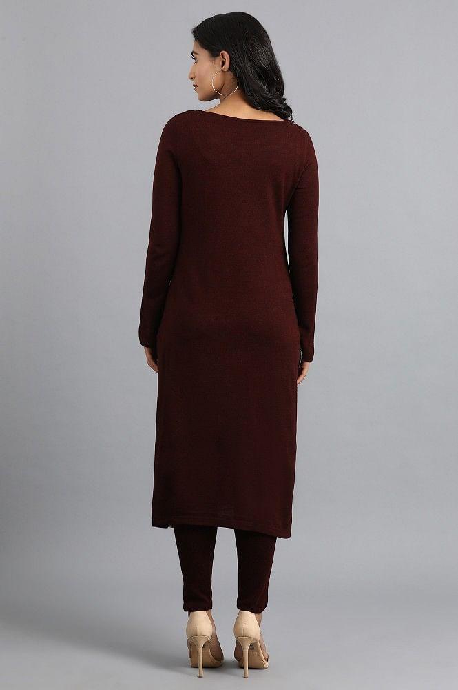 Maroon Round Neck Winter kurta - wforwoman