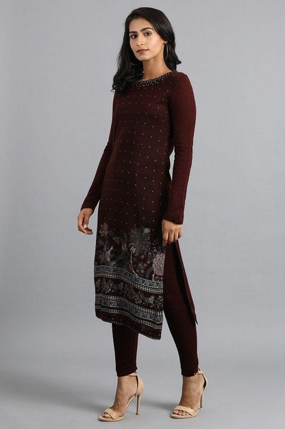 Maroon Round Neck Winter kurta - wforwoman