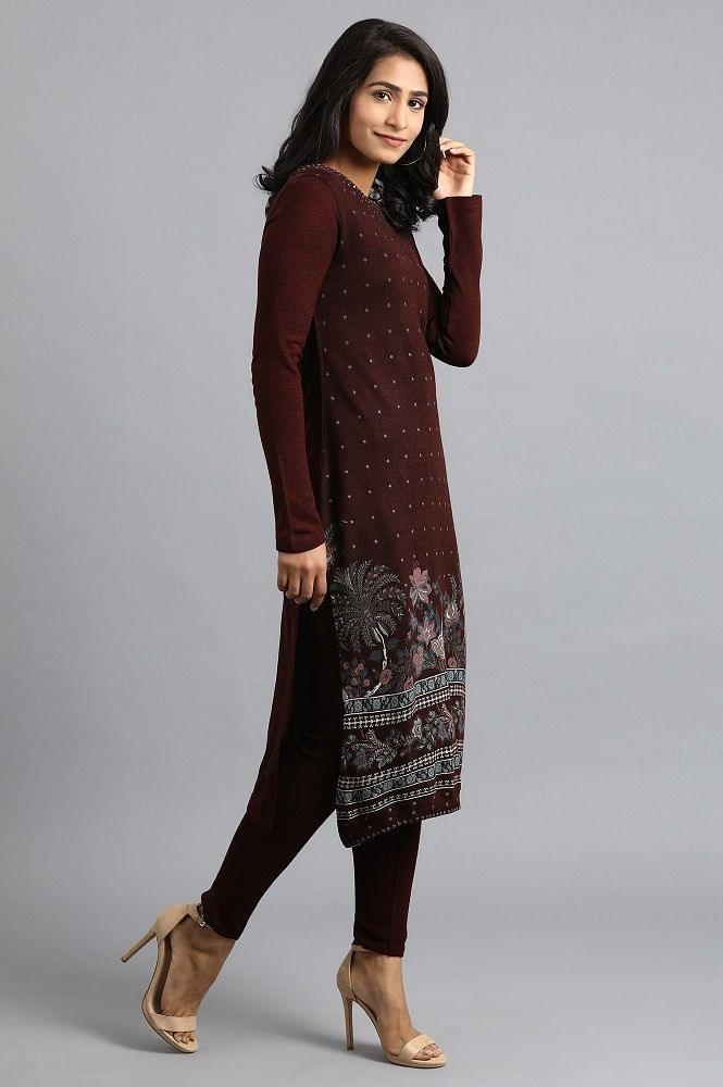 Maroon Round Neck Winter kurta - wforwoman