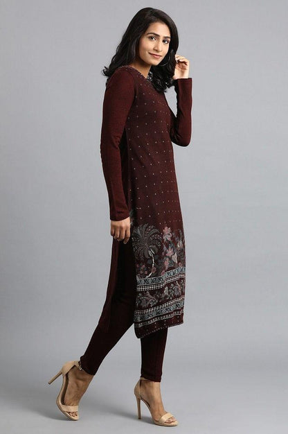 Maroon Round Neck Winter kurta - wforwoman