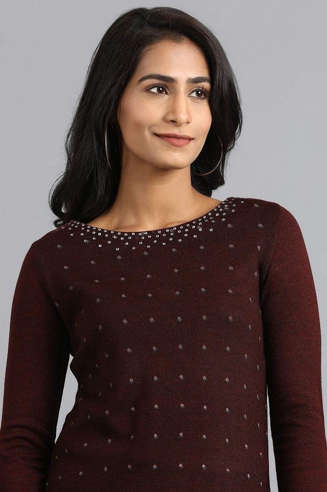 Maroon Round Neck Winter kurta - wforwoman