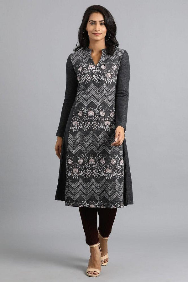 Grey Mandarin Neck Yarn-dyed Winter kurta