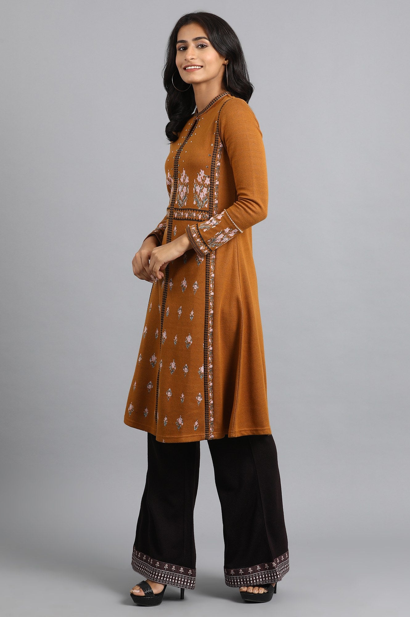 Mustard Mandarin Neck Yarn-dyed Winter kurta