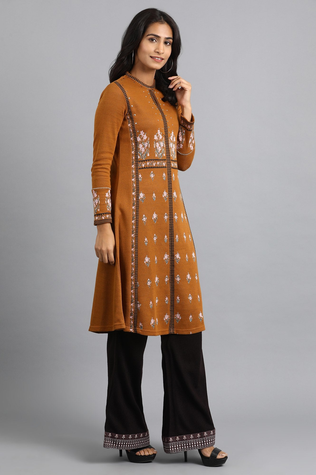 Mustard Mandarin Neck Yarn-dyed Winter kurta