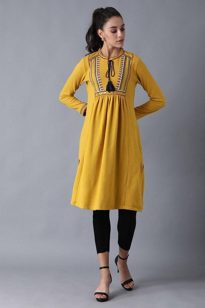 Mustard Mandarin Neck Winter kurta - wforwoman