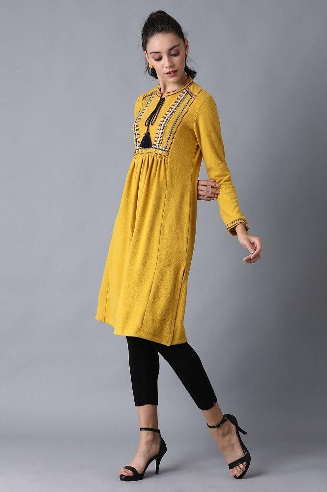 Mustard Mandarin Neck Winter kurta - wforwoman