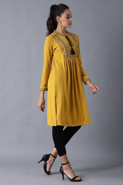 Mustard Mandarin Neck Winter kurta - wforwoman