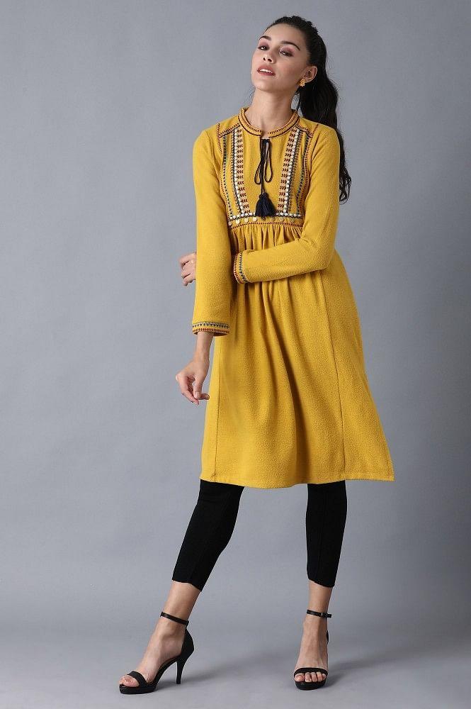 Mustard Mandarin Neck Winter kurta - wforwoman