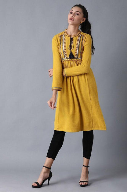 Mustard Mandarin Neck Winter kurta - wforwoman