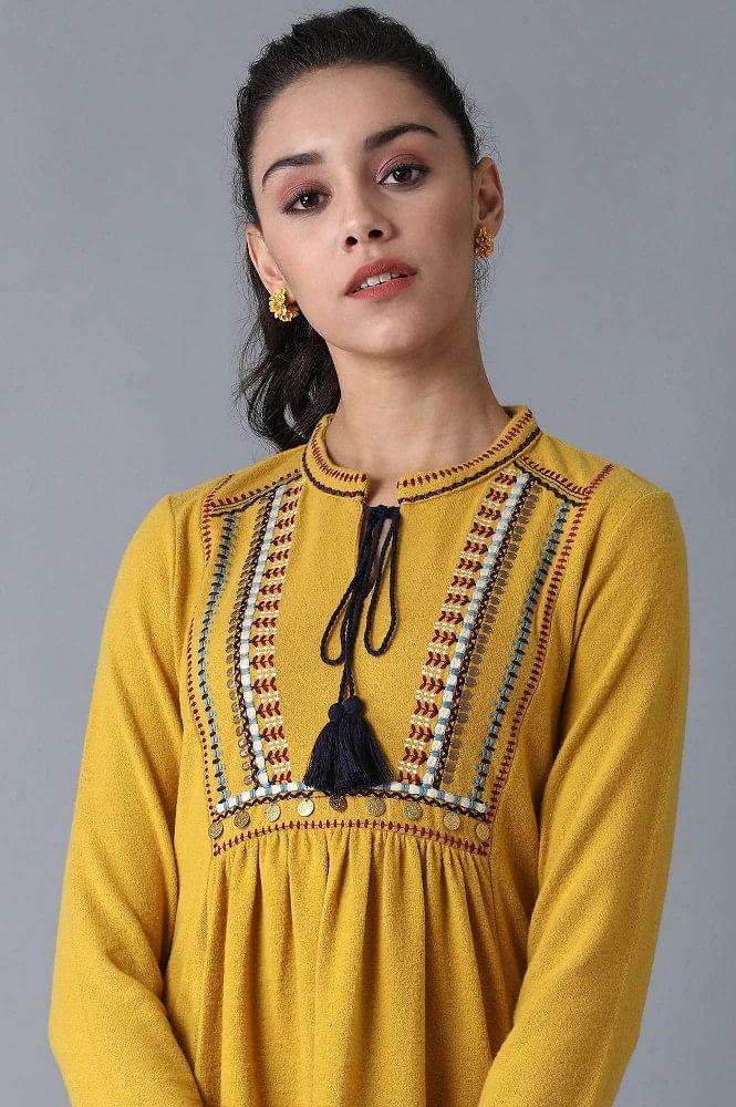 Mustard Mandarin Neck Winter kurta - wforwoman