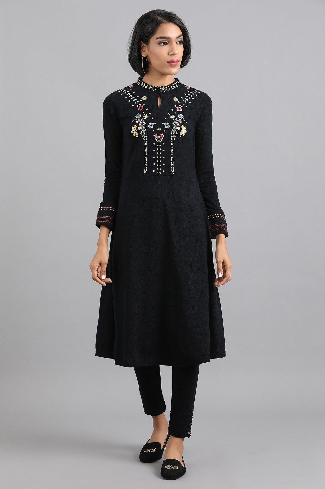 Navy Blue Mandarin Neck Winter kurta - wforwoman