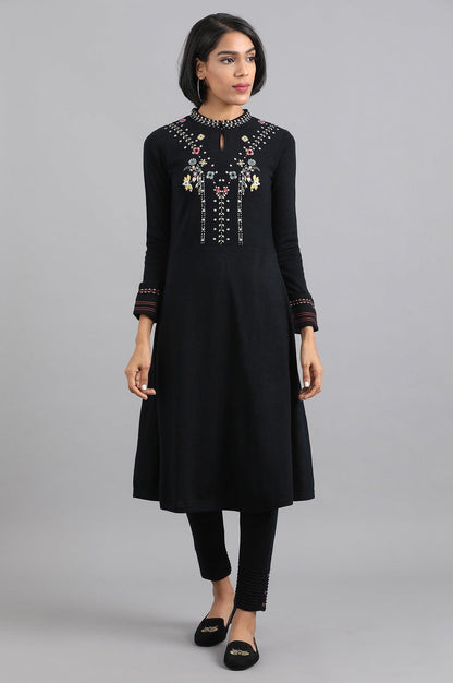 Navy Blue Mandarin Neck Winter kurta - wforwoman