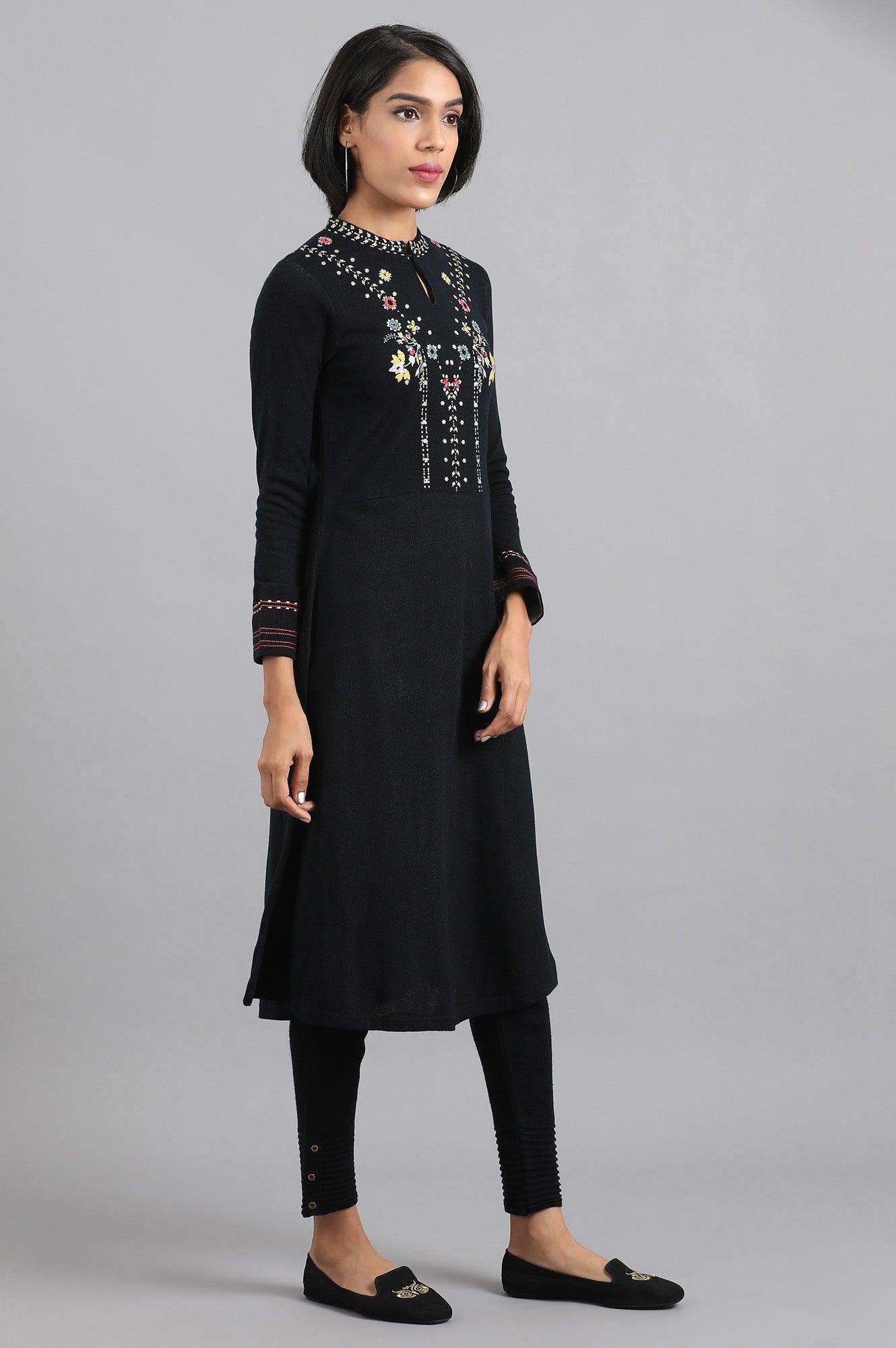 Navy Blue Mandarin Neck Winter kurta - wforwoman