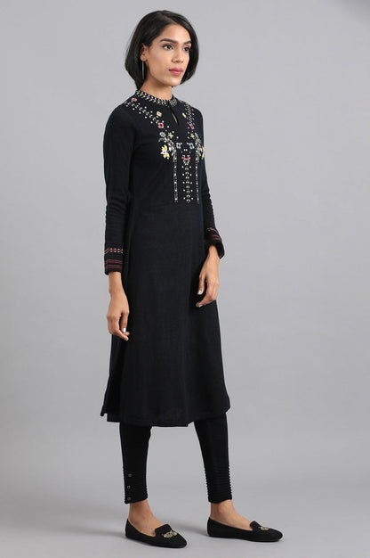Navy Blue Mandarin Neck Winter kurta - wforwoman