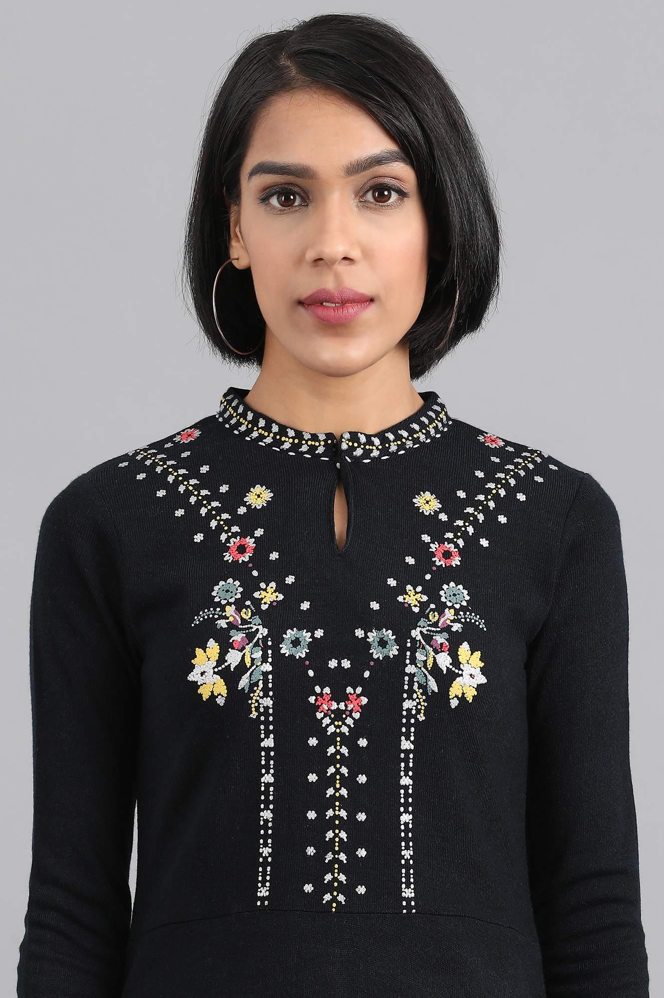 Navy Blue Mandarin Neck Winter kurta - wforwoman