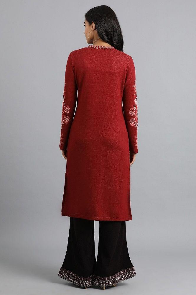 Red Mandarin Neck Winter kurta - wforwoman