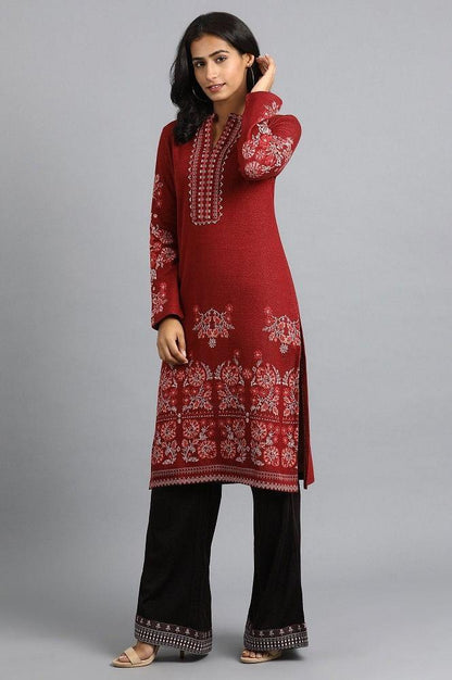 Red Mandarin Neck Winter kurta - wforwoman