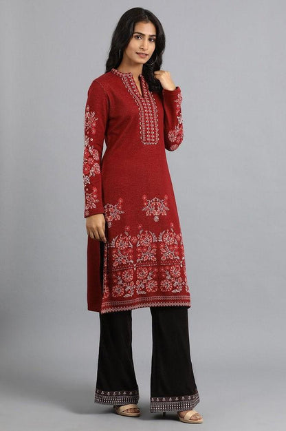 Red Mandarin Neck Winter kurta - wforwoman