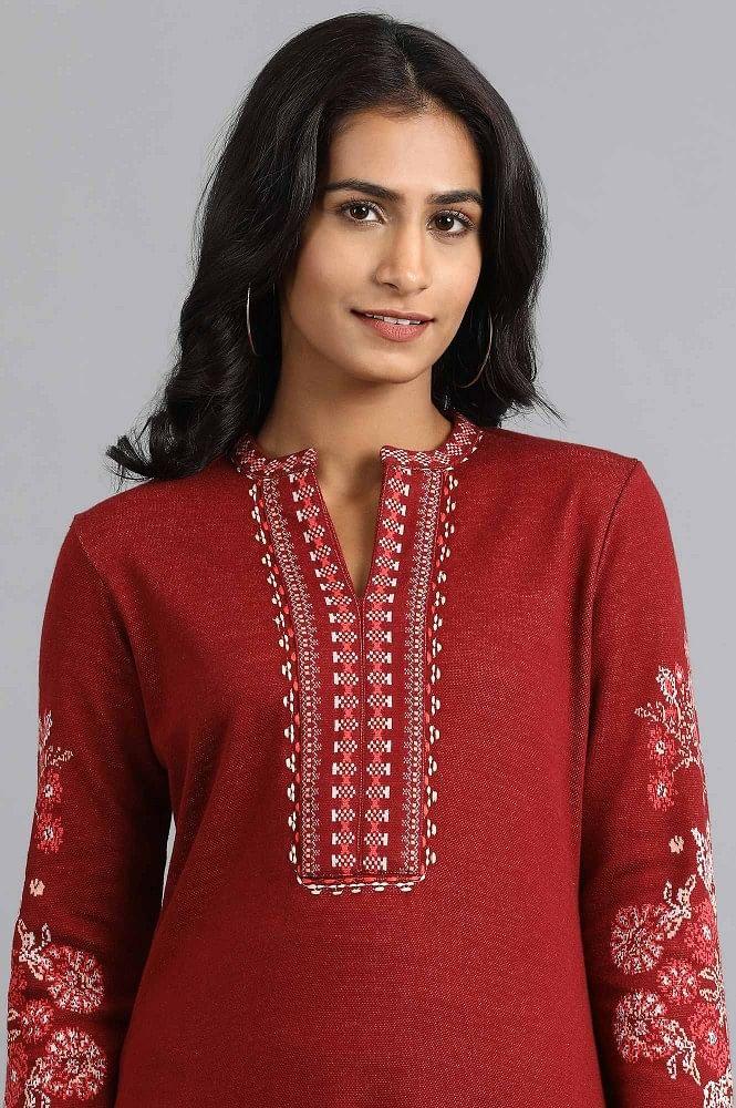 Red Mandarin Neck Winter kurta - wforwoman