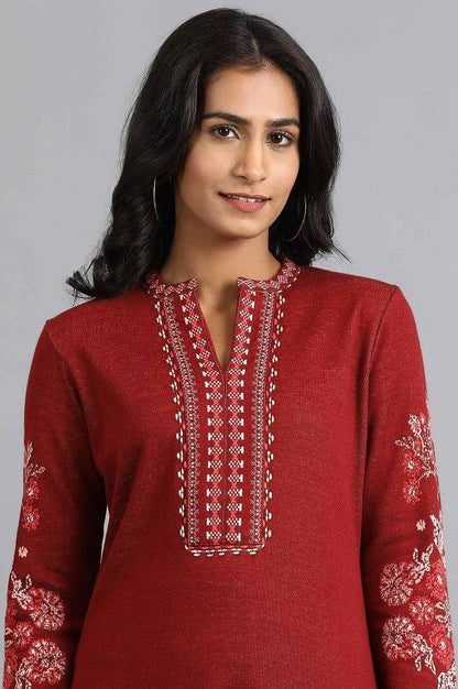 Red Mandarin Neck Winter kurta - wforwoman