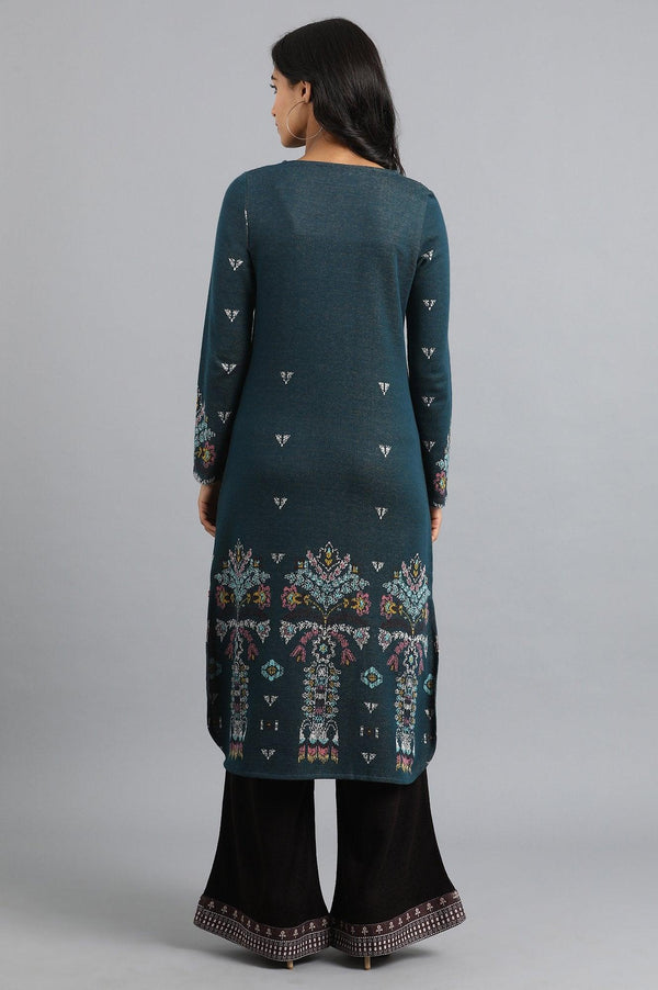 Teal Round Neck Tie-up Winter kurta