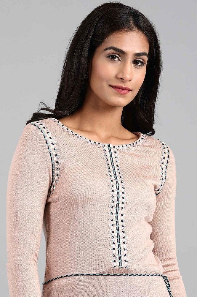 Pink Round Neck Winter kurta - wforwoman