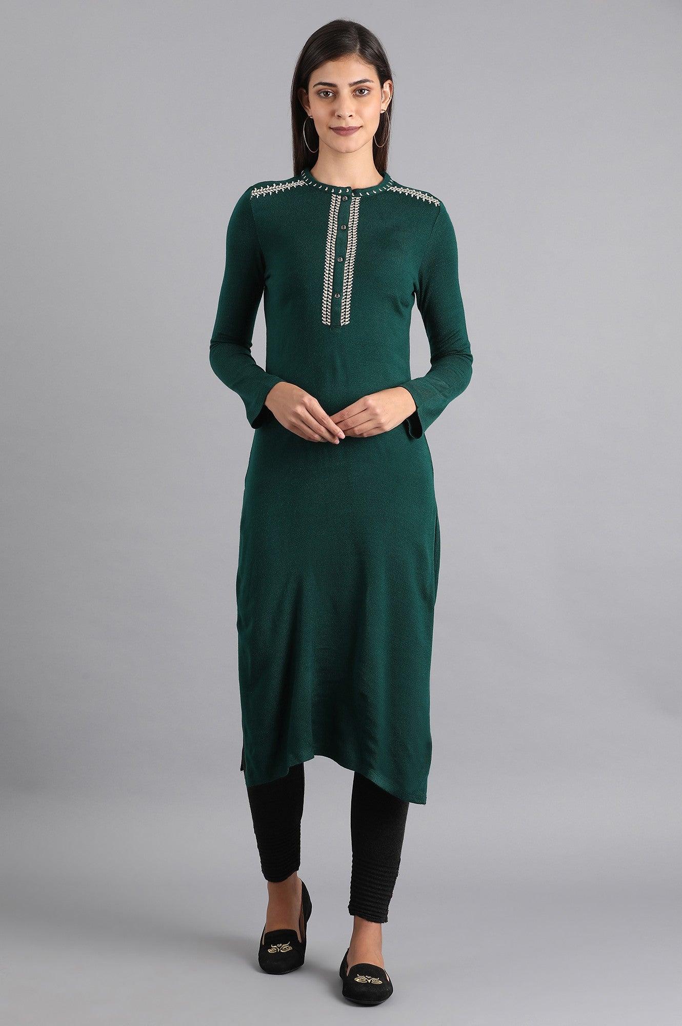 Green Mandarin Neck Winter kurta - wforwoman