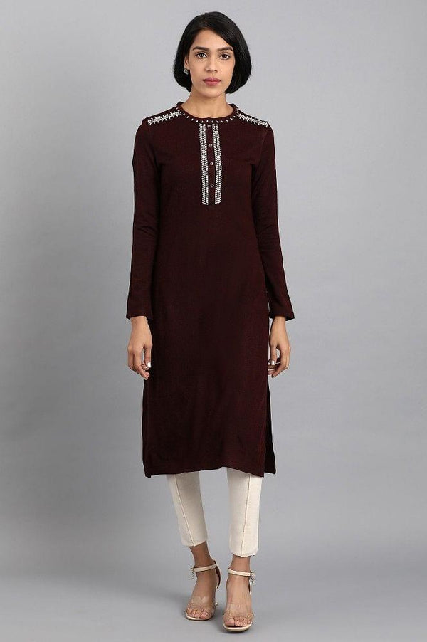 Maroon Mandarin Neck Solid Winter kurta