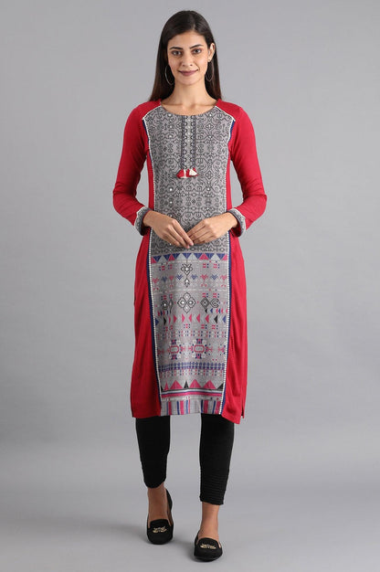 Red Round Neck Winter kurta - wforwoman